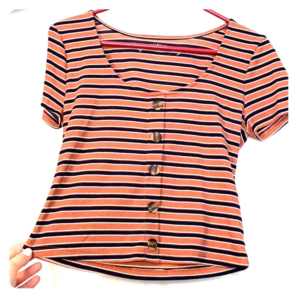 Navy blue / Dark salmon stripped Crop-Top.